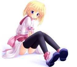  1girl black_thighhighs blonde_hair blush character_request female_focus open_mouth panties pantyshot purple_eyes ribbon shoes short_hair sitting skirt solo thighhighs underwear white_panties  rating:Questionable score:4 user:Hensai