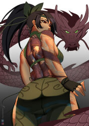  1girl absurdres akali arm_tattoo ass back black_gloves black_hair breasts crop_top dragon dragon_tattoo fingerless_gloves from_behind gloves green_pants hayashidraws high_ponytail highres league_of_legends looking_back medium_breasts pants red_eyes solo tattoo 