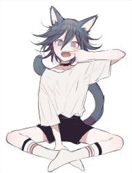  1boy animal_ears baggy_shirt cat_boy cat_ears cat_tail collar danganronpa_(series) fangs grey_hair looking_at_viewer male_focus mouth_pull oma_kokichi on_floor open_mouth shorts shota sitting socks solo tail  rating:Sensitive score:40 user:Interamna