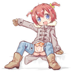  1girl :d bar_censor beige_footwear beige_gloves blue_eyes blush boots bow censored chaps coat commentary_request fang female_focus fur-trimmed_coat fur_trim grey_coat hair_between_eyes hair_bow head_tilt loli looking_at_viewer no_panties open_mouth original outstretched_arm pussy revealing_clothes sakurabe_notos short_twintails simple_background sitting smile solo spread_legs twintails white_background yellow_bow  rating:Explicit score:46 user:danbooru