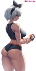  1girl alternate_costume arched_back artist_name ass bare_arms bea_(pokemon) black_hairband black_shirt bow_hairband breasts clenched_hand closed_mouth commentary cowboy_shot creatures_(company) game_freak gloves grey_eyes grey_hair hairband hand_on_own_arm highres looking_back muscular muscular_female nintendo partially_fingerless_gloves pokemon pokemon_swsh shirt short_hair single_glove sleeveless sleeveless_shirt solo superbusty wedgie  rating:Sensitive score:133 user:danbooru