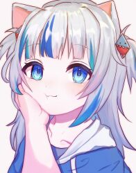  011_marshmallow 1girl :3 animal_ears blue_eyes blue_hoodie blunt_bangs cat_ears collarbone eyelashes female_focus gawr_gura hair_ornament hand_on_another&#039;s_cheek highres hololive hololive_english holomyth hood hood_down hoodie kemonomimi_mode light_blush looking_at_viewer medium_hair multicolored_hair profile shark_girl shark_hair_ornament solo_focus streaked_hair two_side_up virtual_youtuber white_hair  rating:General score:17 user:lazycatx64