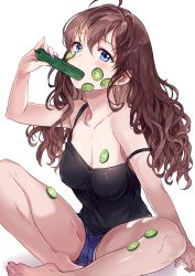 1girl absurdres ahoge barefoot black_tank_top blue_eyes breasts brown_hair character_name cleavage collarbone commentary covered_erect_nipples cucumber cucumber_slice earrings eating food food_on_body food_on_face highres holding holding_food ichinose_shiki idolmaster idolmaster_cinderella_girls jewelry long_hair looking_at_viewer medium_breasts nail_polish pink_nails revision saya_(mychristian2) short_shorts shorts sitting solo spread_legs strap_slip tank_top wavy_hair rating:Questionable score:18 user:danbooru