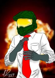  explosion fire formal halo helmet highres master_chief red_tie suit  rating:Sensitive score:0 user:IsaiahDoane