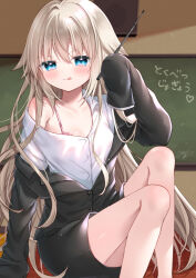  1girl black_jacket black_skirt blonde_hair blue_eyes bra breasts chalkboard cleavage collared_shirt commentary_request dress_shirt feet_out_of_frame formal hair_between_eyes hair_flaps hand_up holding indie_virtual_youtuber indoors jacket knees_up long_hair looking_at_viewer off_shoulder panties pencil_skirt pink_bra pink_panties pointer shirt sitting skirt skirt_suit sleeves_past_fingers sleeves_past_wrists small_breasts solo suit translation_request uchuuneko uchuuneko_(vtuber) underwear very_long_hair virtual_youtuber white_shirt 
