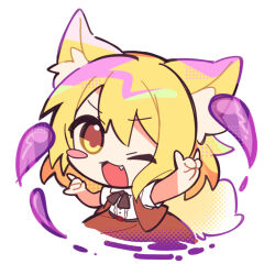  1girl \m/ animal_ear_fluff animal_ears black_bow black_bowtie blonde_hair bow bowtie brown_skirt brown_vest chibi collared_shirt commentary_request cookie_(touhou) cowboy_shot darkness fang fox_ears fox_girl fox_tail looking_at_viewer medium_hair miramikaru_riran misosiru_0224 one_eye_closed open_mouth shirt short_sleeves simple_background single_blush_sticker skirt smile solo tail vest white_background white_shirt 
