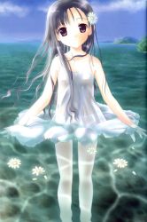 1girl absurdres black_hair cloud collarbone dress flower hair_flower hair_ornament highres loli long_hair looking_at_viewer ocean outdoors panties partially_submerged posh purple_eyes see-through sky sleeveless sleeveless_dress smile solo sundress underwear water wet white_dress white_panties rating:Questionable score:5 user:Anonymous