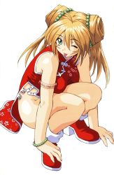  00s 1girl ;p ahoge ankle_boots beads blonde_hair boots bracelet breasts china_dress chinese_clothes double_bun doughnut_hair_bun dress full_body green_eyes hair_bun high_heel_boots high_heels highres ikkitousen jewelry knees_to_chest large_breasts long_hair no_panties official_art one_eye_closed orange_hair pelvic_curtain red_skirt scan shiozaki_yuji shirt shoes simple_background skirt solo sonsaku_hakufu squatting taut_clothes taut_shirt tongue tongue_out twintails  rating:Sensitive score:20 user:danbooru
