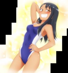  1girl absurdres arm_up armpits black_hair blush breasts brown_eyes contrapposto covered_navel cowboy_shot curvy dark-skinned_female dark_skin female_focus grin hair_ornament hairclip hand_in_own_hair hand_on_own_hip highleg highleg_swimsuit highres ijiranaide_nagatoro-san legs long_hair looking_at_viewer nagatoro_hayase nail_polish naughty_face navel one-piece_swimsuit pink_nails red_nails screencap shiny_skin sideboob small_breasts smile smug solo standing stitched swimsuit teeth third-party_edit v yellow_background  rating:Questionable score:80 user:notcammy
