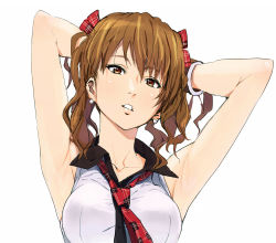 1girl armpits arms_up blush breasts brown_eyes brown_hair highres ishii_takamori looking_at_viewer necktie original solo tagme white_background rating:Questionable score:25 user:sakuri