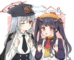  2girls :o absurdres apron black_coat black_hair black_hat black_horns black_necktie blue_archive blunt_bangs braid closed_mouth coat coat_on_shoulders collared_shirt commentary demon_horns finger_counting fuuka_(blue_archive) gehenna_academy_logo grey_hair hair_on_horn halo haruna_(blue_archive) hat head_scarf highres horns hu_nin1216 index_finger_raised long_hair long_sleeves milestone_celebration multiple_girls necktie one_eye_closed open_mouth purple_shirt red_eyes red_halo ribbon-trimmed_apron ribbon_trim shirt side_braid single_braid twintails upper_body white_apron white_background white_shirt 