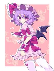  1girl :&lt; back_bow bat_wings border bow cowboy_shot double-parted_bangs dress dutch_angle frilled_bow frills frown hair_between_eyes hat hat_bow looking_down mob_cap pineapple_print pink_dress purple_hair red_bow red_eyes remilia_scarlet short_hair short_sleeves sleeve_bow thighhighs touhou tsugomori_(remilia0398) tsurime wavy_hair white_border white_thighhighs wings wrist_cuffs zettai_ryouiki 