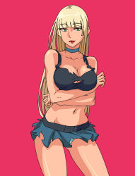  1girl bad_id bad_pixiv_id bare_arms bare_legs bare_shoulders black_shirt blonde_hair blue_neckwear blue_skirt blunt_bangs breast_hold breasts character_request choker cleavage closed_mouth collarbone contrapposto cowboy_shot crop_top crossed_arms gluteal_fold green_eyes groin large_breasts long_hair looking_at_viewer looking_to_the_side microskirt midriff mile_(lancermoon) navel original red_background red_lips shirt simple_background skirt sleeveless smile solo standing stomach torn torn_clothes torn_shirt torn_skirt 