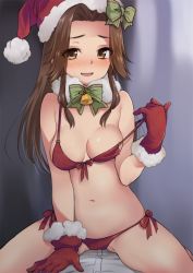  10s 1boy 1girl bikini bikini_pull blush bow brown_eyes brown_hair christmas clothes_pull front-tie_bikini_top front-tie_top full-face_blush fur-trimmed_gloves fur_trim gloves green_bow hair_bow half-closed_eyes hat jintsuu_(kancolle) kantai_collection long_hair nose_blush out_of_frame parted_lips plum_(arch) red_bikini red_gloves santa_hat side-tie_bikini_bottom solo_focus straddling strap_pull swimsuit  rating:Questionable score:17 user:danbooru