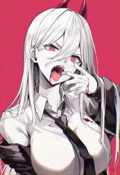1girl artist_name blood blood_on_clothes breasts chainsaw_man collared_shirt cross-shaped_pupils hair_between_eyes highres horns large_breasts long_hair looking_at_viewer myung_yi necktie open_mouth power_(chainsaw_man) red_background red_eyes revision shirt simple_background solo symbol-shaped_pupils tongue tongue_out upper_body rating:Sensitive score:25 user:danbooru