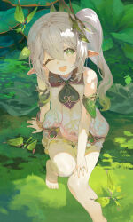  +_+ 1girl :d absurdres armlet bare_legs bare_shoulders barefoot crystalfly_(genshin_impact) darr1o from_above genshin_impact green_eyes hair_ornament hand_on_own_knee highres knee_up leaf long_hair looking_at_viewer nahida_(genshin_impact) on_ground one_eye_closed open_mouth plant pointy_ears side_ponytail sidelocks sitting sleeveless smile solo teeth toes upper_teeth_only white_hair white_romper 