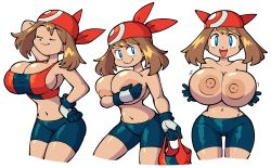  1girl areola_slip bandana bare_shoulders bike_shorts blue_eyes breasts brown_hair bursting_breasts cleavage closed_eyes closed_mouth collarbone covered_erect_nipples cowboy_shot creatures_(company) curvy female_focus game_freak gloves grin hand_on_own_hip highres huge_breasts may_(pokemon) multiple_views narrow_waist navel nintendo nipples no_bra pokemon pokemon_(anime) pokemon_rse short_sleeves sidelocks simple_background smile stealth_brock thigh_gap thighs topless white_background wide_hips  rating:Questionable score:115 user:Vardigiil