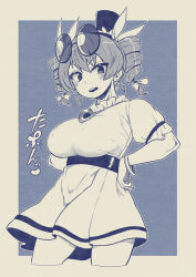  1girl bracelet breasts closed_mouth commentary_request dress drill_hair earrings eyewear_on_head greyscale hat heart highres himajin_noizu jewelry large_breasts looking_at_viewer monochrome pendant round_eyewear short_sleeves solo sunglasses top_hat touhou translation_request twin_drills v-shaped_eyebrows variant_set yorigami_jo&#039;on 
