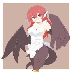  1girl animal_ears apron bare_shoulders big_o_pants bird_ears bird_legs bird_tail black_feathers black_wings blush breasts brown_background commentary covered_erect_nipples feathers fio-chan_(big_o_pants) hair_between_eyes harpy highres long_hair looking_at_viewer monster_girl naked_apron original red_eyes red_hair sideboob solo sweatdrop tail white_apron winged_arms wings 
