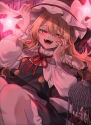  1girl :d birdcage black_hat black_skirt black_vest blonde_hair blush bow braid cage character_doll commentary_request crazy_eyes crazy_smile dutch_angle english_text fangs frilled_skirt frills hair_between_eyes hair_bow hair_spread_out hakurei_reimu hand_on_own_cheek hand_on_own_face hands_up hat hat_bow highres karasu2020_8 kirisame_marisa knees_up long_hair long_sleeves looking_at_viewer lying nail_polish neck_ribbon on_back open_mouth puffy_long_sleeves puffy_sleeves red_nails red_ribbon ribbon shirt single_braid skirt smile solo star-shaped_pupils star_(symbol) symbol-shaped_pupils teeth tongue touhou tsurime vest white_bow white_shirt witch_hat yellow_eyes 