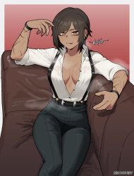  1girl belt black_pants breasts brown_eyes brown_hair cleavage collared_shirt commentary couch dark-skinned_female dark_skin earrings highres jewelry k3nnyn3v korean_text limbus_company medium_breasts multiple_earrings on_couch open_clothes open_shirt outis_(project_moon) pants project_moon scar shirt short_hair signature solo steaming_body suspenders sweat sweatdrop symbol-only_commentary tongue tongue_out white_shirt  rating:Questionable score:47 user:danbooru