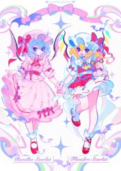  2girls :/ :d ascot bandages bat_(animal) bat_wings blonde_hair blush bow buckle character_name collared_dress commentary_request crystal dotted_background dress dress_bow english_text fang flandre_scarlet full_body hair_between_eyes hat hat_ribbon highres holding holding_hands holding_stuffed_toy legs looking_at_another mary_janes mob_cap multiple_girls open_mouth pink_dress pointy_ears puffy_short_sleeves puffy_sleeves red_ascot red_bow red_eyes red_footwear red_ribbon red_skirt red_vest remilia_scarlet ribbon rourow shoes short_hair short_sleeves siblings sisters skirt slit_pupils smile socks sparkle standing standing_on_one_leg stuffed_animal stuffed_toy teddy_bear teeth thighs touhou upper_teeth_only vest white_background white_legwear wing_collar wings wrist_cuffs yellow_ascot  rating:Sensitive score:1 user:danbooru