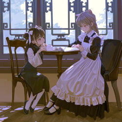 2girls animal_ears apron artist_name black_dress black_footwear book braid brown_eyes brown_hair cat_ears chair china_dress chinese_clothes closed_mouth collared_dress commentary day dress extra_ears eyeball_bracelet_girl_(fkey) feiqizi_(fkey) fkey frilled_apron frills green_dress green_footwear grey_hair hair_ribbon highres indoors juliet_sleeves light_blush long_hair long_sleeves low_twin_braids maid maid_apron mary_janes multiple_girls on_chair open_book original pantyhose puffy_sleeves red_eyes ribbon shoes side_slit sitting symbol-only_commentary table twin_braids white_apron white_pantyhose white_ribbon wide_sleeves window wooden_floor 