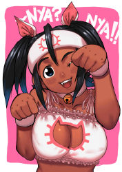 1girl absurdres ahoge animal_ears arung_samudra_(cessa) bell neck_bell blue_eyes blush_stickers bra breasts cat_cutout cat_ears cat_lingerie cessa choker cleavage cleavage_cutout clothing_cutout commentary dark_skin dark-skinned_female english_commentary fake_animal_ears fangs friendly_mutton_chops frilled_bra frills hair_ribbon head_tilt headband highres huge_ahoge jingle_bell large_breasts looking_at_viewer meme_attire nyan ombok_diving_and_delivery_services paw_pose ribbon short_twintails solo spaghetti_strap twintails underwear upper_body very_dark_skin white_bra white_choker white_headband wristband rating:Sensitive score:42 user:danbooru