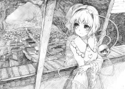  1girl :| absurdres architecture balcony blouse blunt_bangs blush building buttons closed_mouth commentary east_asian_architecture former_capital frilled_shirt_collar frilled_sleeves frills graphite_(medium) greyscale hair_ornament hairband heart heart_button heart_hair_ornament highres house komeiji_satori long_sleeves matumasima monochrome scenery shirt short_hair skirt solo third_eye touhou traditional_media underground upper_body wide_sleeves 