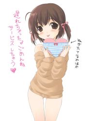  1girl :p bare_shoulders bottomless bow bow_panties brown_eyes gift hair_ribbon heart hide_(rightstuff_annex) holding holding_clothes holding_gift holding_panties holding_underwear incoming_gift loli naked_sweater no_panties orange_shirt original panties ribbon shirt short_twintails solo striped_clothes striped_panties sweater thigh_gap thighs tongue tongue_out translated twintails underwear unworn_panties valentine  rating:Questionable score:50 user:danbooru