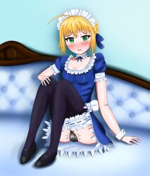  1girl absurdres artoria_pendragon_(all) artoria_pendragon_(fate) bed bed_frame black_footwear blonde_hair blue_dress blush breasts chastity_belt dress fate/stay_night fate_(series) green_eyes highres knees_up maid maid_headdress mary_janes medium_breasts non-web_source saber_(fate) shoes short_hair short_sleeves sitting snowwart tagme  rating:Explicit score:4 user:danbooru