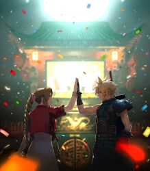  1boy 1girl aerith_gainsborough architecture armor backlighting bandaged_arm bandages belt blonde_hair blue_sweater bracelet braid brown_belt brown_gloves brown_hair buster_sword cheering cloud_strife commentary commentary_request confetti cropped_jacket crowd dragon dress east_asian_architecture facing_away facing_to_the_side final_fantasy final_fantasy_vii final_fantasy_vii_remake from_side gloves green_eyes grin hair_ribbon hand_up high_five highres indoors jacket jewelry light_smile long_hair looking_at_another multiple_belts night noinoichebura pants parted_bangs pauldrons pink_dress pink_ribbon ponytail red_jacket ribbon short_hair short_sleeves shoulder_armor sidelocks single_pauldron sleeveless sleeveless_sweater sleeveless_turtleneck smile spiked_hair standing suspenders sweater sword turtleneck turtleneck_sweater upper_body weapon weapon_on_back 