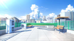 absurdres air_conditioner apartment bench blue_sky building bush chinese_commentary city cityscape cloud commentary_request day highres house ladder no_humans original plant rooftop scenery seat shadow shanghai sky skyscraper sunlight xingzhi_lv rating:General score:7 user:danbooru