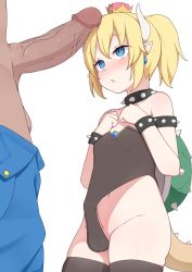  1boy arapi armlet belly blonde_hair blue_eyes bowsette breasts bulge choker collar crown decensored earrings erection erection_under_clothes genderswap genderswap_(ftm) horns jewelry mario_(series) nintendo penis_awe pointy_ears ponytail shota shy size_difference small_breasts super_crown super_mario_bros._1 tail third-party_edit trap turtle_shell uncensored wrist_cuffs yaoi  rating:Explicit score:301 user:rlnapi01