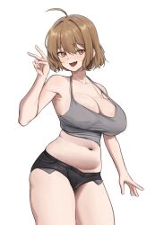  1girl absurdres ahoge anis_(nikke) black_shorts breasts brown_eyes brown_hair cleavage collarbone crop_top cropped_legs erenav goddess_of_victory:_nikke grey_shirt hair_intakes highres large_breasts looking_at_viewer medium_hair navel official_alternate_costume open_mouth plump shirt shorts simple_background smile solo standing v white_background 