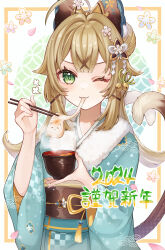 1girl 2024 ;3 absurdres ahoge aqua_kimono bell blunt_bangs blush bow bowl brown_hair brown_sash cat_tail chopsticks closed_mouth commentary_request double-parted_bangs eating eyelashes falling_petals fingernails flower_(symbol) food food_in_mouth fur-trimmed_kimono fur_trim genshin_impact green_eyes green_ribbon hair_bell hair_bow hair_intakes hair_ornament hair_ribbon hand_up highres holding holding_bowl holding_chopsticks japanese_clothes jingle_bell kimono kirara_(genshin_impact) kirara_(post_office)_(genshin_impact) long_hair long_sleeves looking_at_viewer mochi mochi_trail mugita_(mokankan) multiple_tails obi obiage obijime official_alternate_costume one_eye_closed petals puff_of_air ribbon sash seigaiha shide shippou_(pattern) sidelocks simple_background smile solo steam tail tassel translation_request two_tails white_background wide_sleeves x_hair_ornament zouni_soup