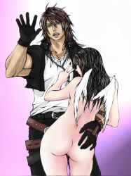  1990s_(style) angel_wings ass belt black_hair clothed_male_nude_female final_fantasy final_fantasy_viii gloves hand_on_ass long_hair loose_belt nude rinoa_heartilly scarlet-berry squall_leonhart v wings 