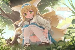  1girl animal_ears arknights black_ribbon blonde_hair blue_hairband cloneko_(zelmeledf2) clothes_pull commentary_request commission day fox_ears fox_tail frilled_hairband frills grass green_eyes hairband highres loli long_hair long_sleeves luo_xiaohei luo_xiaohei_(cat) mary_janes misskey.io_username multiple_tails nature neck_ribbon official_alternate_costume outdoors panties panty_pull pantyhose pantyhose_pull parted_lips pee peeing pigeon-toed ribbon shoes skeb_commission solo squatting suzuran_(arknights) suzuran_(spring_praise)_(arknights) tail tareme tears tree twitter_username underwear white_pantyhose 