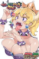 1girl 2boys blonde_hair blue_eyes bowsette breasts chris_(mario) cleavage collar copyright_name crown fangs giant giantess hat highres horns large_breasts luigi mario mario_&amp;_luigi_rpg mario_&amp;_luigi:_bowser&#039;s_inside_story mario_(series) multiple_boys nintendo nipple_slip nipples open_mouth sharp_teeth simple_background spiked_collar spikes super_crown super_mario_bros._1 teeth tongue tongue_out upper_body vore white_background rating:Questionable score:43 user:Dweenie