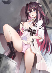  1girl absurdres azki_(4th_costume)_(hololive) azki_(hololive) black_hair blush bow bow_panties breasts collared_dress colored_inner_hair commentary_request dress hair_between_eyes hair_intakes hair_ornament hairclip highres hololive long_hair looking_at_viewer medium_breasts mole mole_under_eye multicolored_hair nipples official_alternate_costume open_mouth panties pink_hair pink_panties pukara purple_eyes solo streaked_hair sweat underwear virtual_youtuber white_dress white_hair 