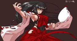  1girl ahoge armpits bad_hands bare_hips black_hair breasts clenched_hand detached_sleeves female_focus fighting_stance highres japanese_clothes large_breasts m.u.g.e.n man_hands miko muscular nontraditional_miko original rekise sendai_hakurei_no_miko sideboob solo touhou wide_sleeves yellow_eyes  rating:Sensitive score:20 user:danbooru
