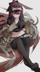  1girl :p absurdres animal_ears arknights black_pantyhose black_shirt black_shorts chichi_guai coat commentary_request foot_out_of_frame grey_coat hand_up headlamp highres knee_up long_hair long_sleeves looking_at_viewer midriff navel no_shoes off_shoulder pantyhose pantyhose_under_shorts purple_eyes purple_hair rabbit_ears rabbit_girl ray_(arknights) shirt short_sleeves shorts sitting solo toes_up tongue tongue_out very_long_hair visor_cap 