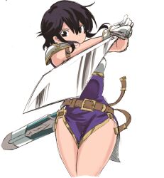  1girl absurdres armor belt black_hair fire_emblem fire_emblem:_genealogy_of_the_holy_war foreshortening gloves hahe highres holding holding_sword holding_weapon larcei_(fire_emblem) looking_at_viewer nintendo purple_tunic sheath shoulder_armor sidelocks simple_background solo sword tomboy tunic weapon 