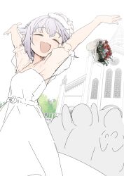  1girl \o/ arms_up beret blush bouquet bouquet_toss breasts church cleavage closed_eyes commentary dress facing_to_the_side facing_viewer flower frilled_sleeves frills hat highres idolmaster idolmaster_cinderella_girls koshimizu_sachiko open_hands open_mouth outdoors outstretched_arms outstretched_hand purple_hair railing see-through see-through_cleavage see-through_sleeves short_hair short_sleeves smile solo_focus tree turning_head white_dress white_hat window yukie_(kusaka_shi) 