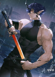  1boy arknights belt black_belt black_pants black_shirt blue_hair city closed_mouth drawing_sword flamebringer_(arknights) glint highres holding holding_sword holding_weapon looking_at_viewer male_focus muscular muscular_male pants pectorals pointy_ears rain red_eyes scar scar_on_arm shirashura shirt sidepec sleeveless sleeveless_shirt solo sword v-taper weapon 
