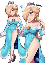  1girl artist_name blue_eyes blush breasts cleavage clothes_pull covered_navel curvy dress dress_pull feet hair_over_one_eye hand_on_own_hip high_heels highres large_breasts legs long_hair looking_at_viewer mario_(series) nail_polish nintendo no_bra no_panties parted_lips pulled_by_self rosalina smile solo sweat thighs top_pull 