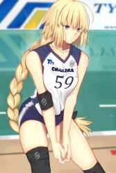  beach_volleyball blonde_hair blue_eyes blue_shorts braid breasts collarbone fate/grand_order fate_(series) highres iro_(sekaixiro) jeanne_d&#039;arc_(fate) jeanne_d&#039;arc_(ruler)_(fate) legs long_hair medium_breasts shorts single_braid sleeveless sportswear sweat thighs volleyball volleyball_uniform  rating:Sensitive score:9 user:danbooru
