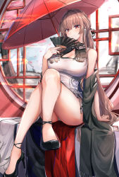  1girl absurdres arm_support azur_lane bare_legs black_footwear blush breasts brown_hair china_dress chinese_clothes cleavage cleavage_cutout clothing_cutout commentary_request crossed_legs dress earrings eyelashes folding_fan gu_luco hair_ribbon hand_fan high_heels highres huge_filesize jewelry large_breasts leaning_back legs long_hair mole mole_under_mouth off_shoulder panties pantyshot red_eyes ribbon shadow sidelocks sitting sleeveless smile solo sunlight swiftsure_(azur_lane) swiftsure_(beauty_of_white_jade)_(azur_lane) thighs umbrella underwear window  rating:Sensitive score:38 user:danbooru