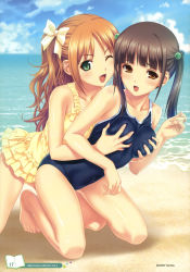 10s 2girls absurdres barefoot beach bow grabbing_another&#039;s_breast breasts brown_eyes brown_hair casual_one-piece_swimsuit cloud competition_school_swimsuit day feet grabbing green_eyes hair_bobbles hair_bow hair_ornament highres kneeling koutaro long_hair medium_breasts minazuki_izumi multiple_girls one-piece_swimsuit one_eye_closed open_mouth outdoors sand school_swimsuit sky suzukaze_hotaru swimsuit tropical_kiss twintails water wink yuri rating:Questionable score:86 user:danbooru