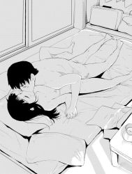 1boy 1girl bad_id bad_pixiv_id barefoot bed_sheet belly-to-belly black_hair breasts closed_eyes futon greyscale hetero hijikata_keisuke holding_hands interlocked_fingers kiss long_hair lying missionary monochrome mozu_(peth) nipples nude on_back pillow sakamoto_mio sex sliding_doors small_breasts strike_witches sweat world_witches_series rating:Explicit score:51 user:danbooru
